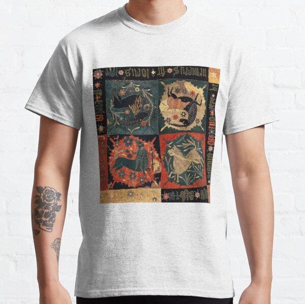 MEDIEVAL BESTIARY, DEER, UNICORN,CENTAUR AND LION Red Blue Antique Scandinavian Embroidery Tasarım Baskılı Tişört (Bol kesim t-shirt)