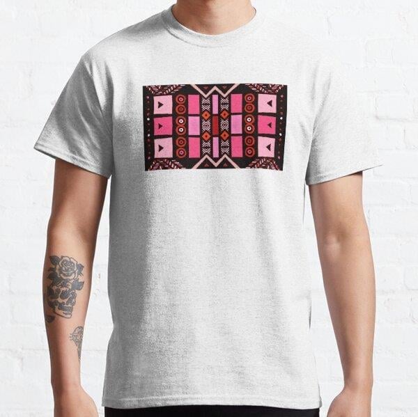 Pink Modern African Print Boho Mudcloth Style Check Patterns Tasarım Baskılı Tişört (bol kalıp t-shirt)