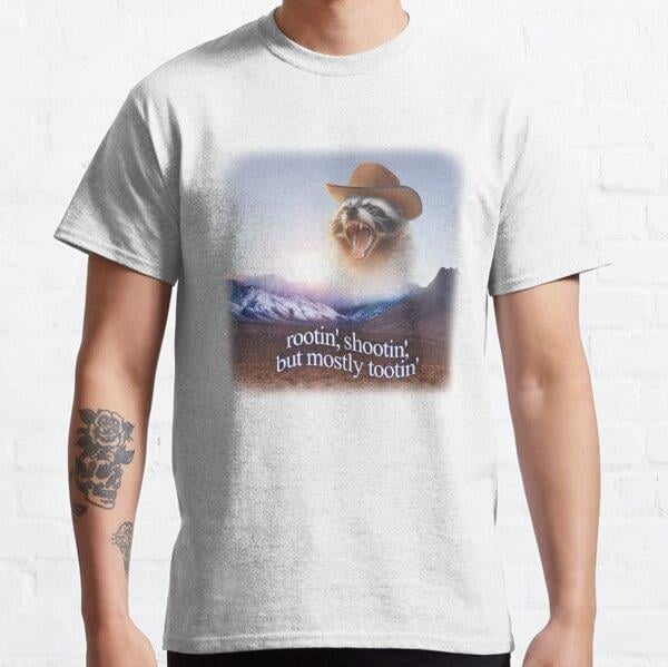rootin shootin but mostly tootin cowboy raccoon word art Tasarım Baskılı T-Shirt (bol kalıp tişört)