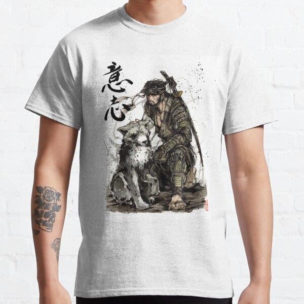 Samurai Ronin with his Wolf with Japanese Calligraphy Tasarım Baskılı Tişört (Rahat Kalıp T-shirt)