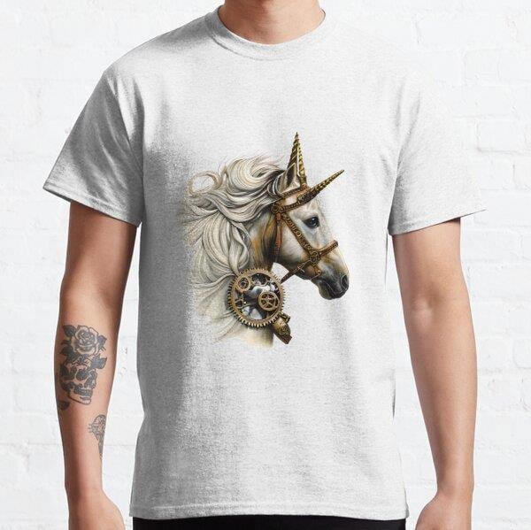 Stunning Steampunk Charm White Unicorn Tasarım Baskılı Tişört (Bol kesim t-shirt)