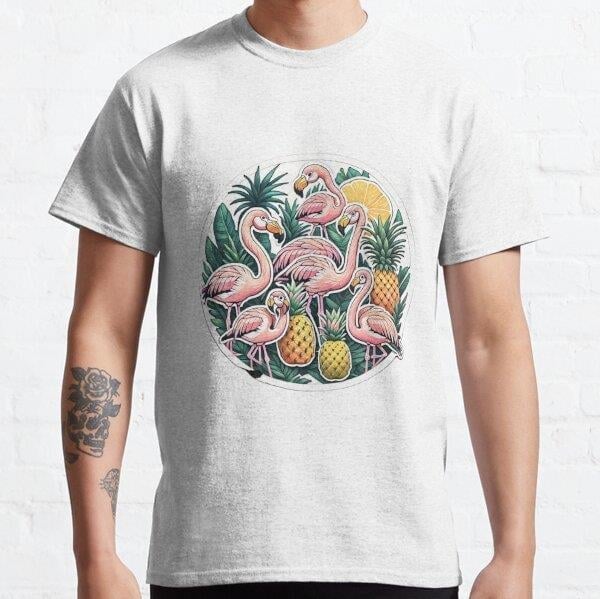 summer patterns with flamingos and pineapples,  Tasarım Baskılı Tişört (bol kalıp t-shirt)