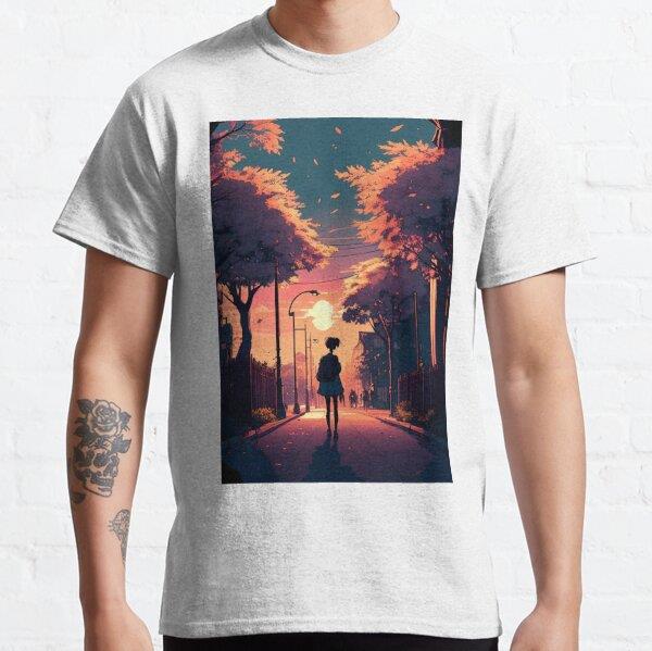 Unisex Aesthetic Anime Sunset Background Artwork #2 Tasarım Baskılı T-Shirt (Rahat Kalıp Tişört)
