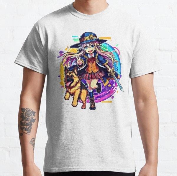 Unisex Anime Girl With A Sword And A German Shepherd Dog Tasarım Baskılı T-Shirt (Rahat Kalıp Tişört)