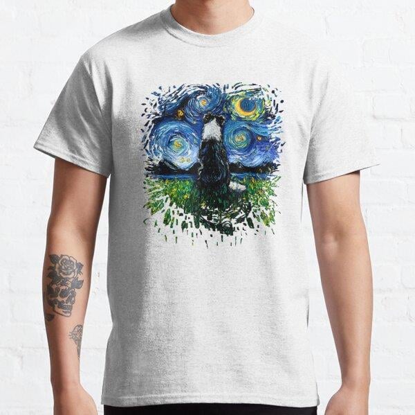 Unisex Border Collie Back Starry Night Impressionist Dog Aja Art Baskılı T-Shirt (Rahat Kalıp Tişört)