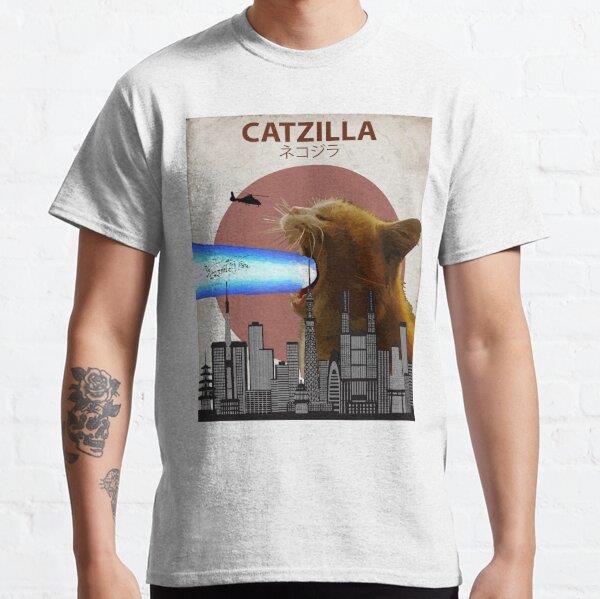 Unisex Catzilla - Giant Cat with Mouth Lasers Tasarım Baskılı T-Shirt (Rahat Kalıp Tişört)