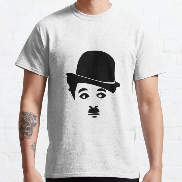 Unisex Charlie Chaplin vector cartoon drawing Baskılı T-Shirt (Rahat Kalıp Tişört)