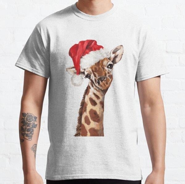 Unisex Christmas Giraffe in Grey Baskılı T-Shirt (Rahat Kalıp Tişört)