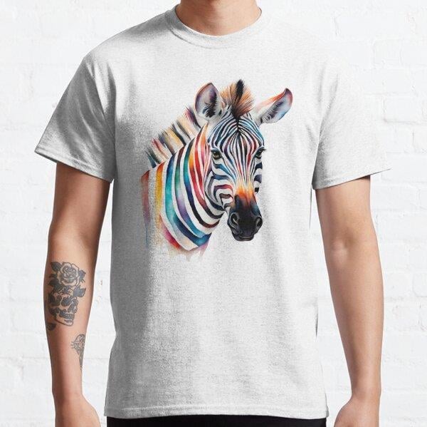Unisex Colorful Watercolor Rainbow Striped Zebra Portrait Baskılı T-Shirt (Rahat Kalıp Tişört)