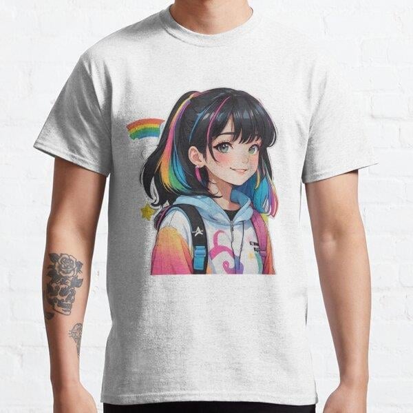 Unisex Cute rainbow anime girl Tasarım Baskılı T-Shirt (Rahat Kalıp Tişört)