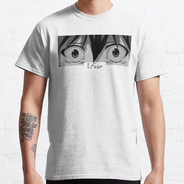 Unisex Fearful Anime Eyes Japan Typography Manga Panel Black & White Tasarım Baskılı T-Shirt (Rahat Kalıp Tişört)