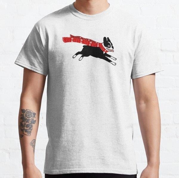 Unisex Holiday Boston Terrier Wearing Winter Scarf Baskılı T-Shirt (Rahat Kalıp Tişört)