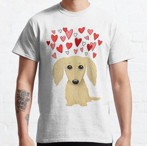 Unisex Longhaired Cream Dachshund with Hearts Baskılı T-Shirt (Rahat Kalıp Tişört)