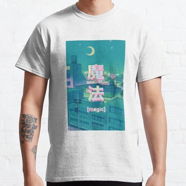 Unisex Mahou 魔法 Night Anime Sky Tasarım Baskılı T-Shirt (Rahat Kalıp Tişört)