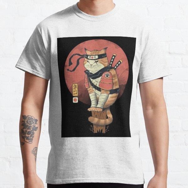 Unisex Ninja cat vintage Baskılı T-Shirt (Rahat Kalıp Tişört)