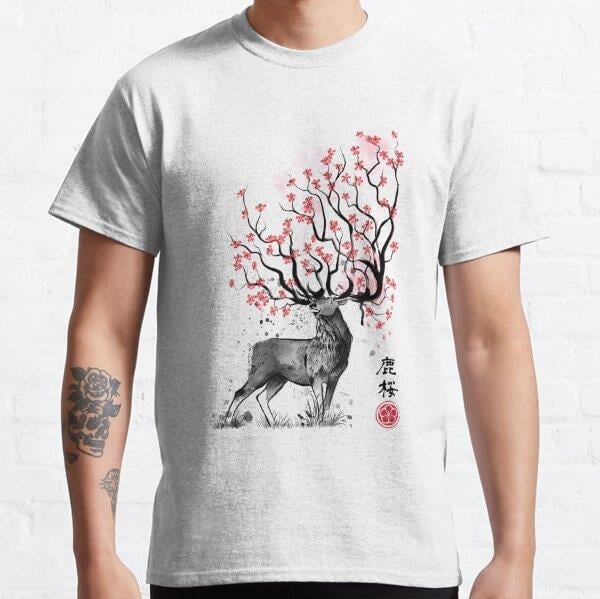 Unisex Sakura Deer Baskılı T-Shirt (Rahat Kalıp Tişört)