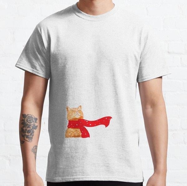 Unisex Tabby loves Snow Baskılı T-Shirt (Rahat Kalıp Tişört)