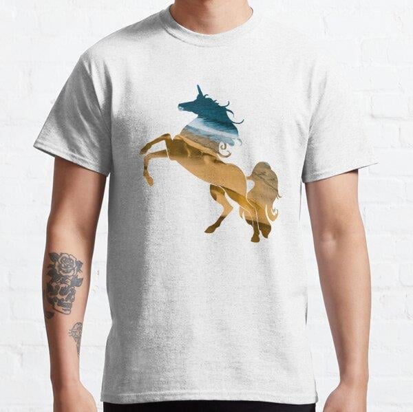Wanderlust Unicorn Silhouette with Desert Landscape, sand, water | black background Tasarım Baskılı Tişört (Bol kesim t-shirt)