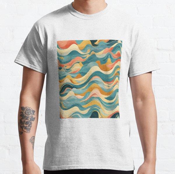 Wave Pattern -  Blue Yellow White Retro Wave ; Curved Line Tasarım Baskılı Tişört (bol kalıp t-shirt)