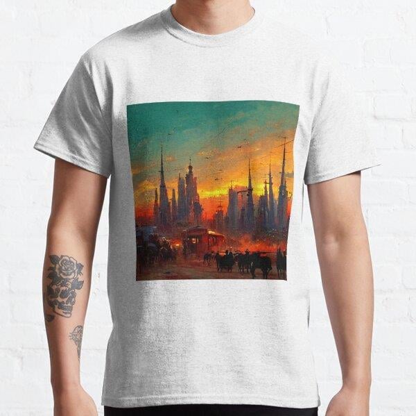 Western Night with city background  Tasarım Baskılı Tişört (Bol kalıp t-shirt)