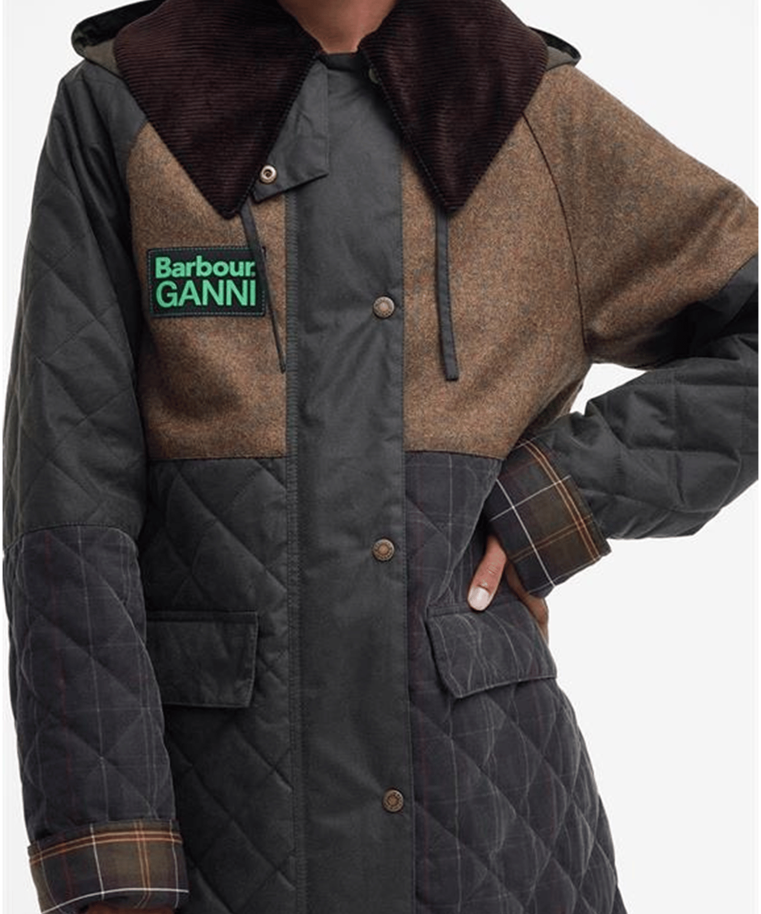 Barbour x GANNI Burghley Kapitone Yağlı Ceket OL51 Archive Olive