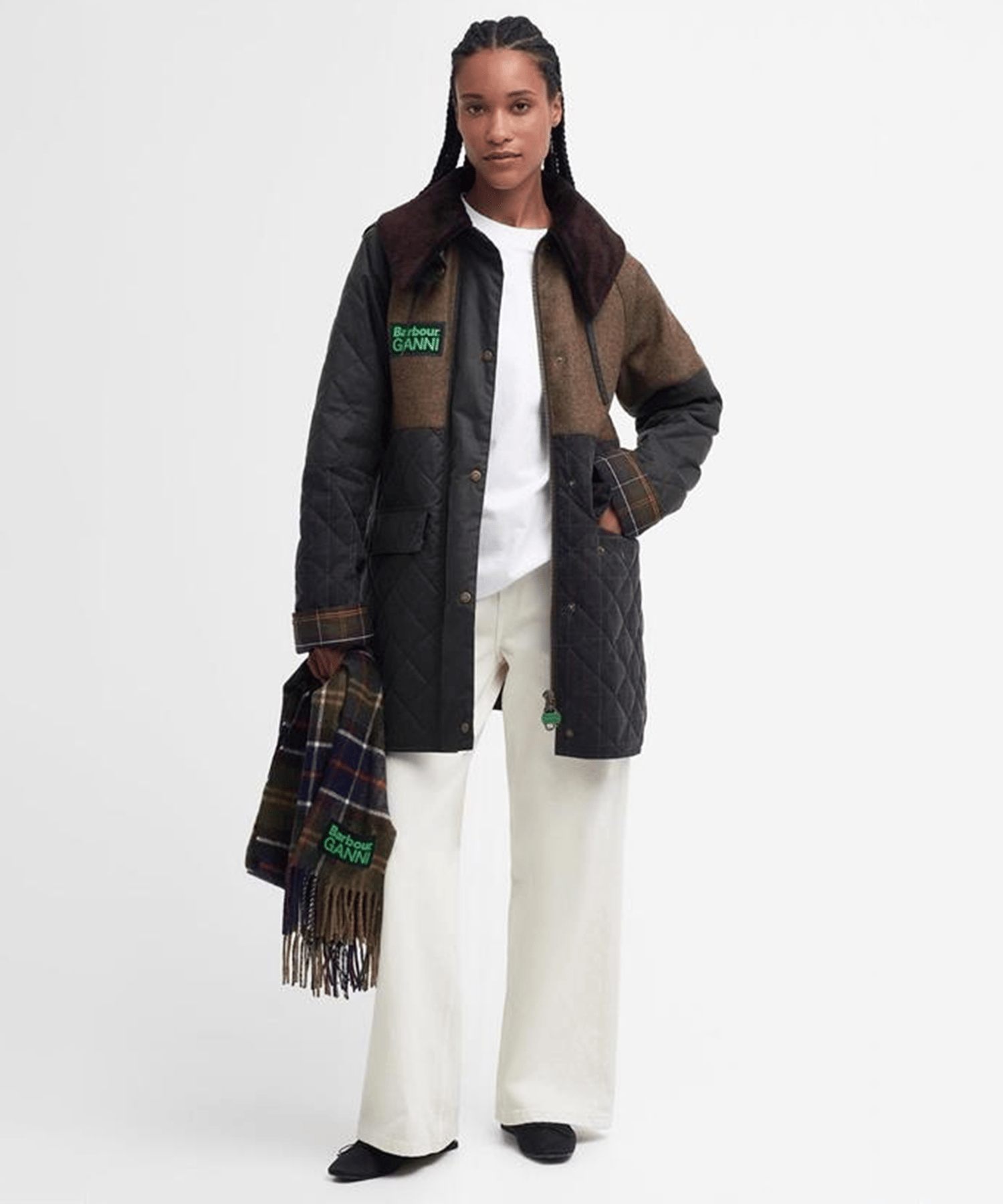 Barbour x GANNI Burghley Kapitone Yağlı Ceket OL51 Archive Olive