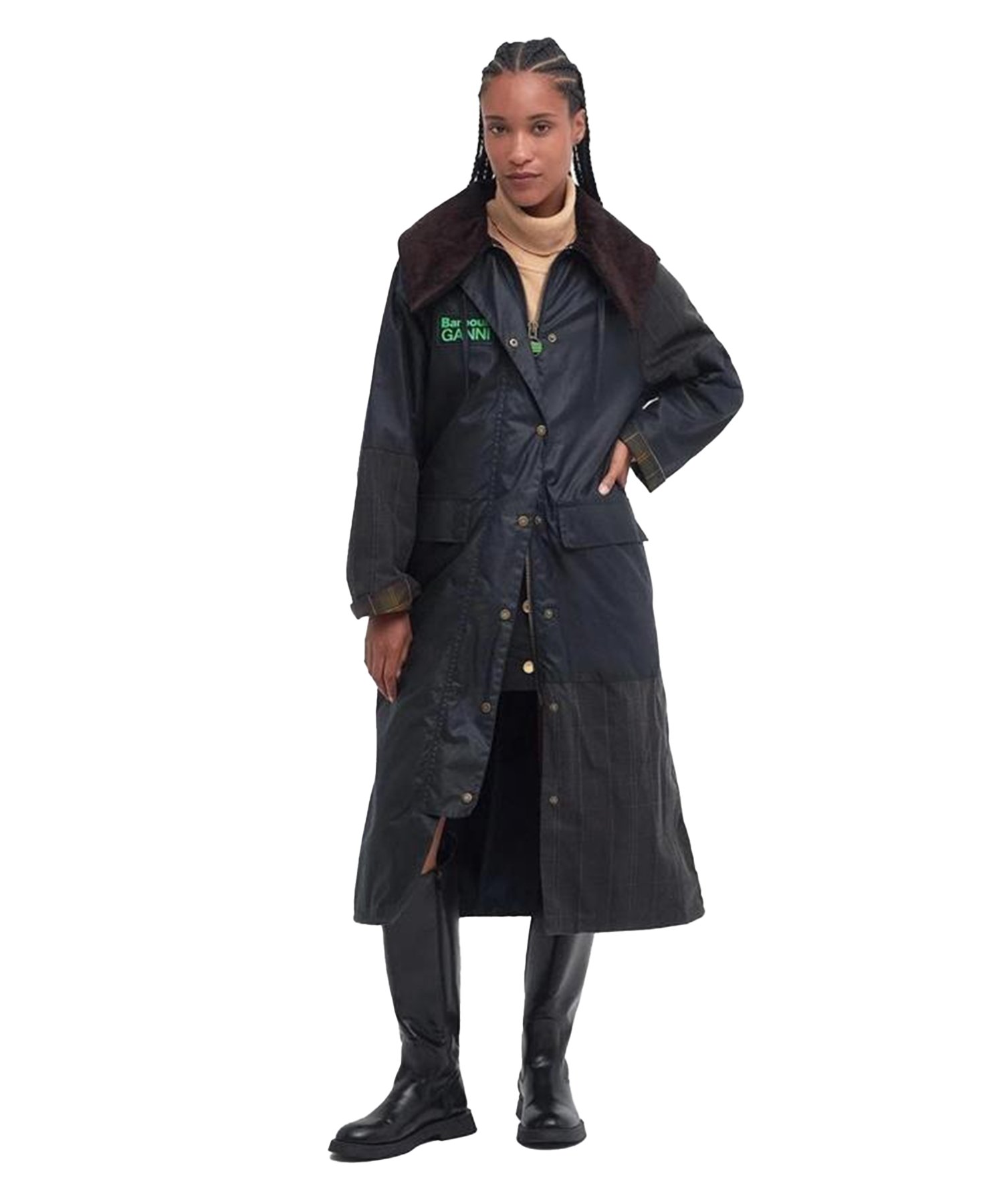 Barbour x GANNI Burghley Yağlı Ceket NY71 Navy - Classıc Tartan