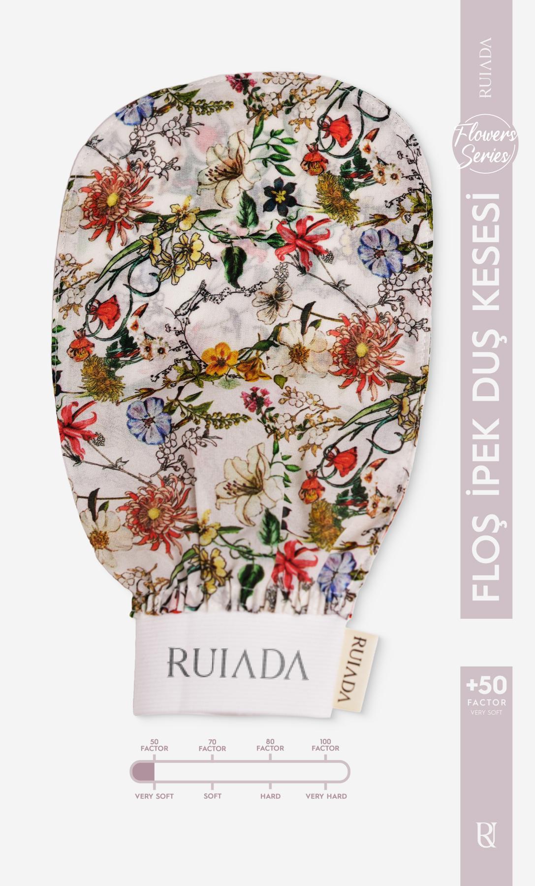 Flowers Series +50 Factor %100 Floş Ipek Ince Banyo Duş Kesesi Peeling Eldiveni (WHİTE)