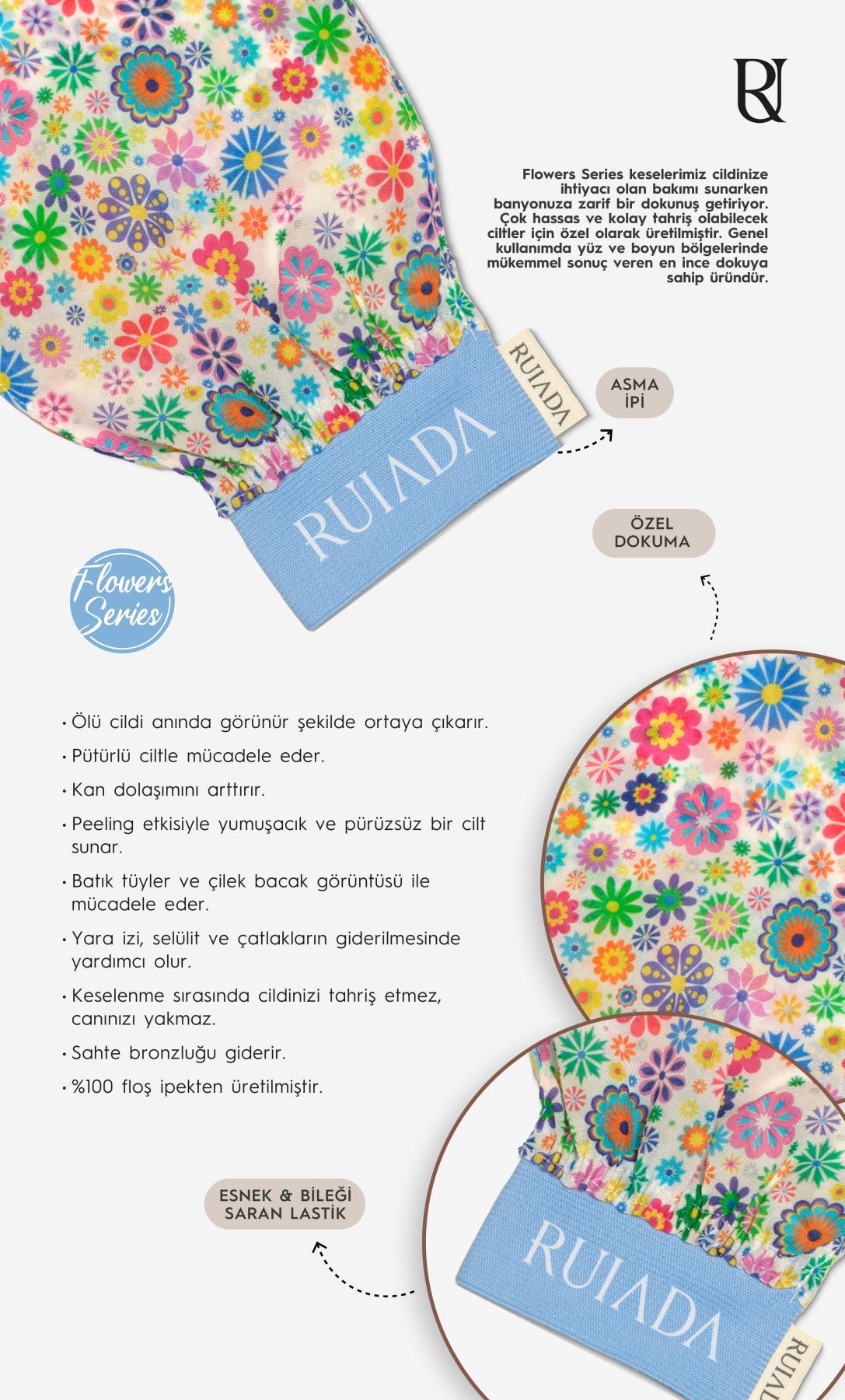 Flowers Series 50 Factor %100 Floş Ipek Ince Banyo Duş Kesesi Peeling Eldiveni (BLUE)