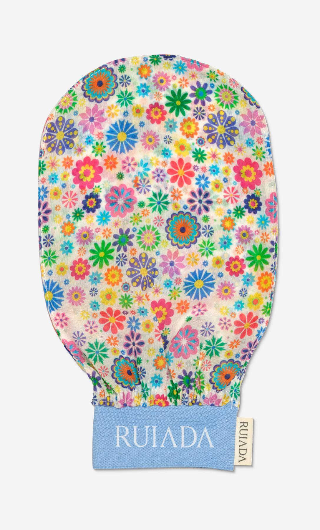Flowers Series 50 Factor %100 Floş Ipek Ince Banyo Duş Kesesi Peeling Eldiveni (BLUE)