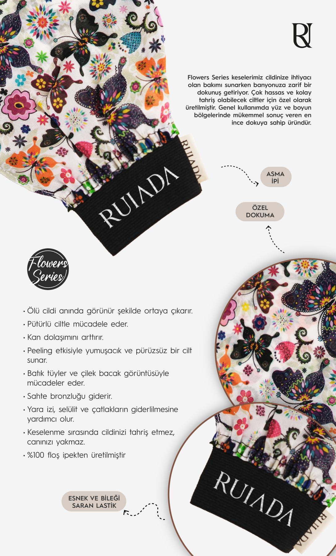Flowers Series 50 Factor %100 Floş Ipek Ince Banyo Duş Kesesi Peeling Eldiveni (BUTTERFLY)