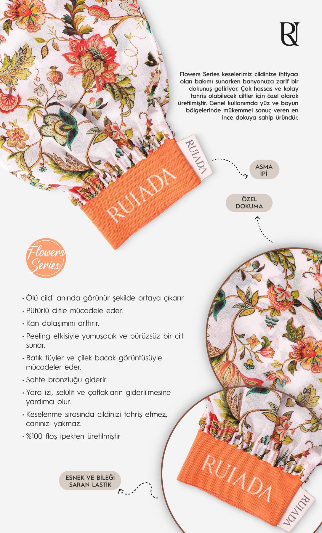 Flowers Series +50 Factor %100 Floş Ipek Ince Banyo Duş Kesesi Peeling Eldiveni (ORANGE)