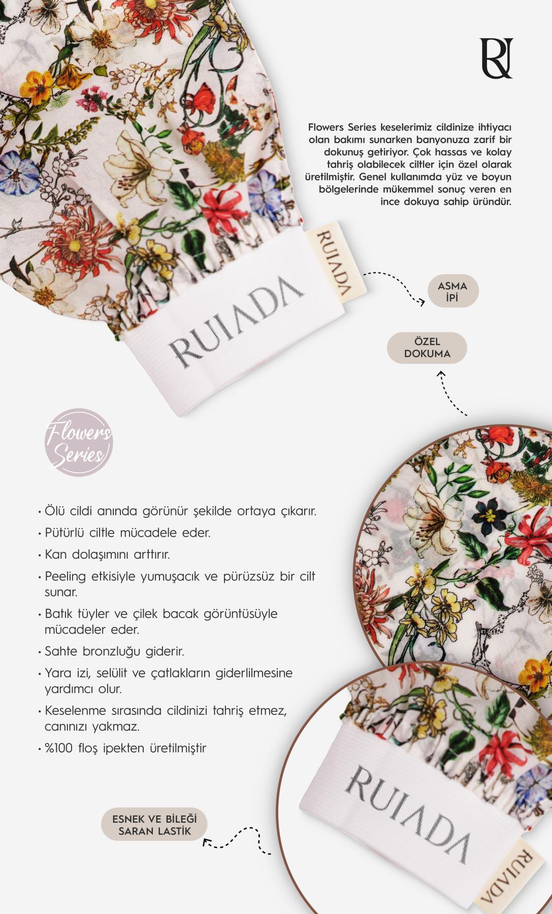Flowers Series +50 Factor %100 Floş Ipek Ince Banyo Duş Kesesi Peeling Eldiveni (WHİTE)