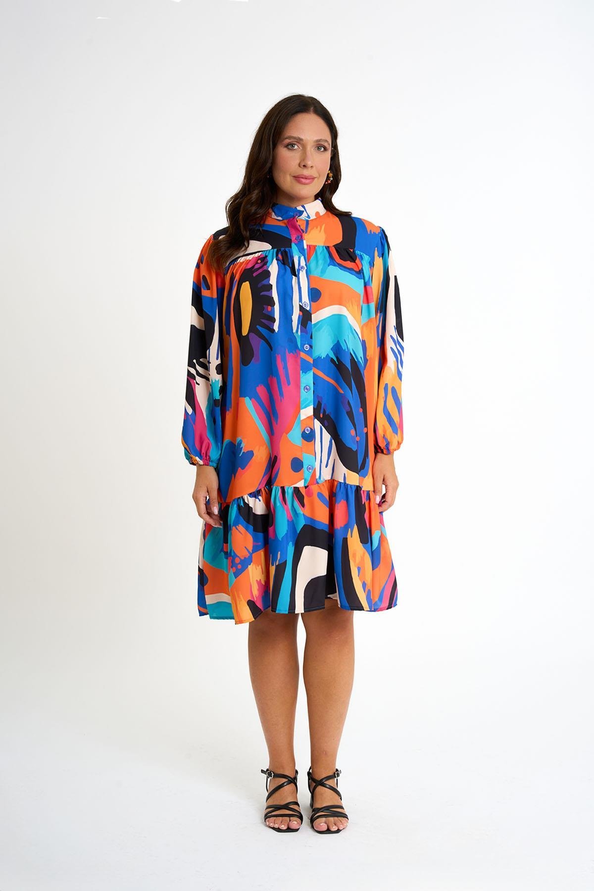 Patterned Ruffle Dress | Blue