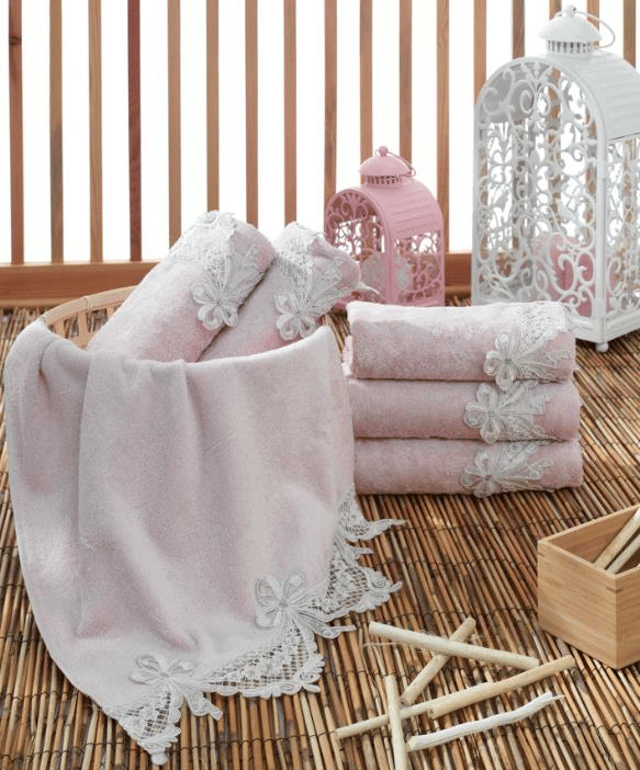 Dantela Fransız Gipürlü 50x90 Cm Pudra Bambu Havlu