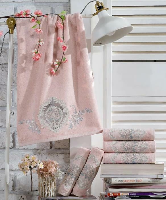 Dantela Fransız Gipürlü Nakışlı 50x90 Cm Pudra Bambu Havlu
