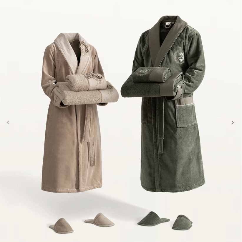 Ecocotton Masal %100 Organik Pamuk Bej-Yeşil Nakışlı Bornoz Seti