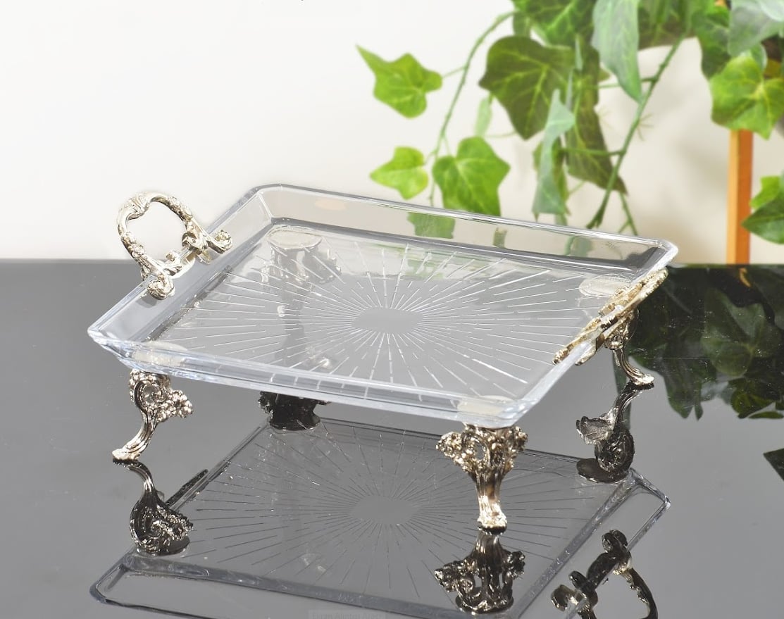 Koşar Gümüş Klasik Ayaklı Kulplu 24x24 Cm Servis Tabağı