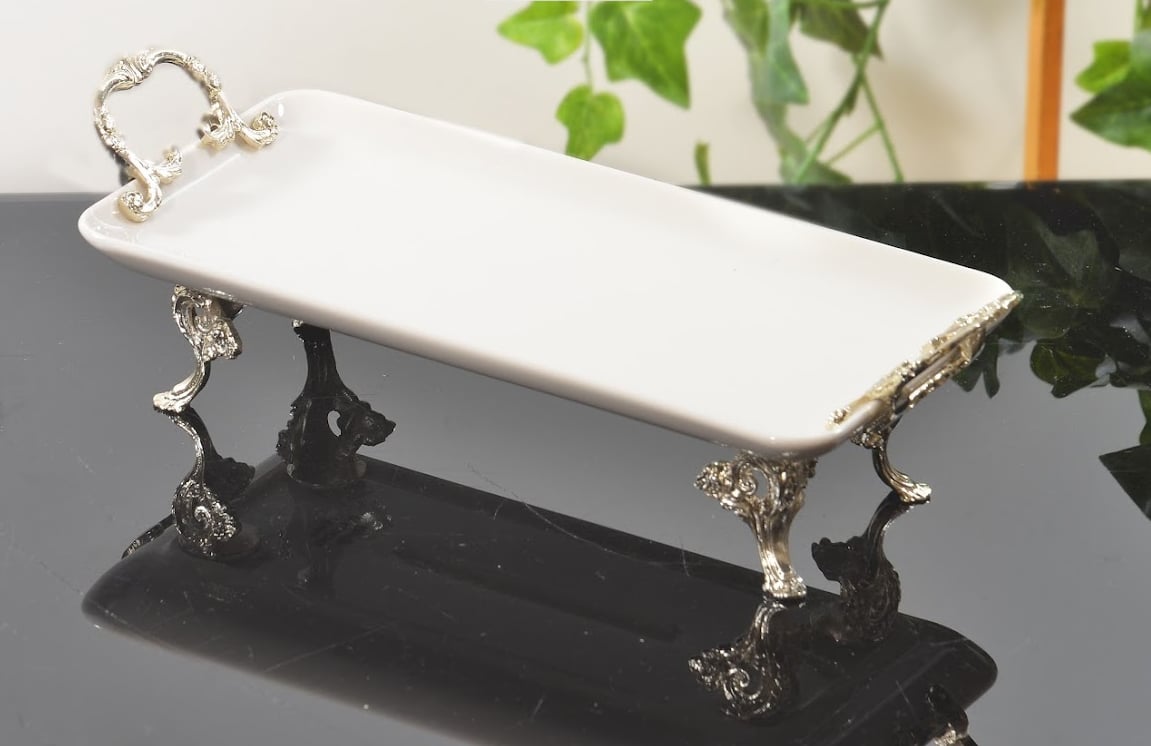 Koşar Gümüş Klasik Ayaklı Kulplu Porselen 30x15 Cm Servis Tabağı