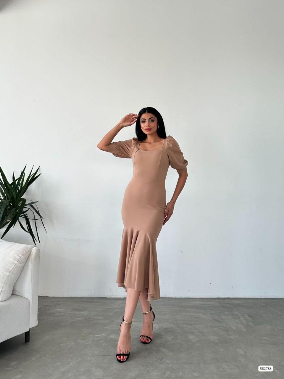 Kare Yaka Eteği Fırfır Detay Midi Boy Abiye 582788 Vizon