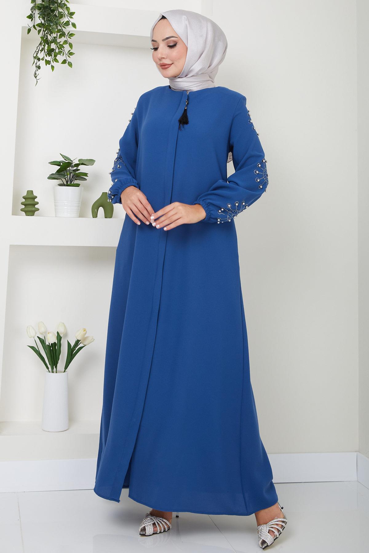 Kolu Taşlı ve İncili Ferace İndigo SS2494