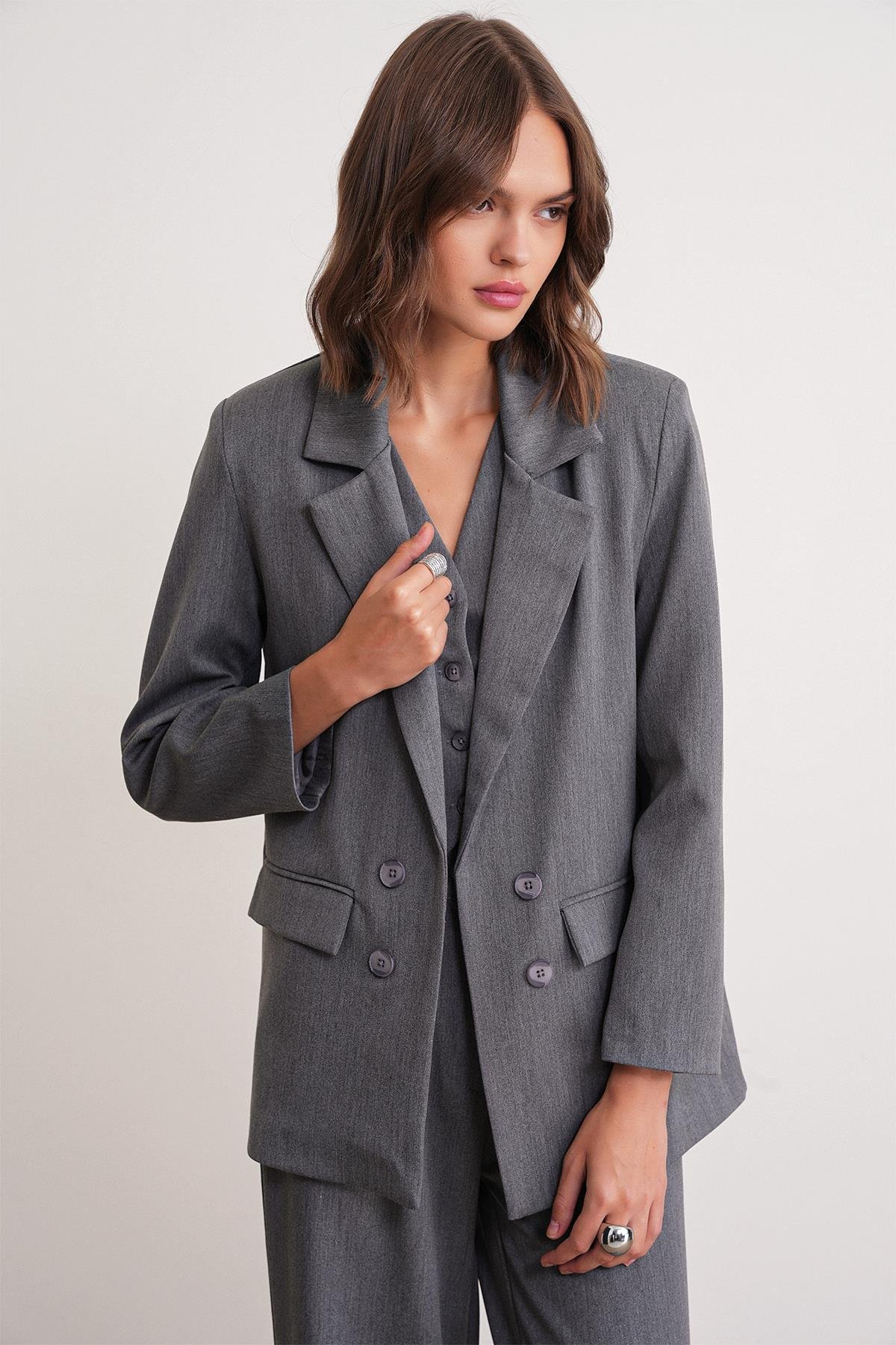 4745 Kadın Oversize Blazer Ceket Antrasit | Mixray.com