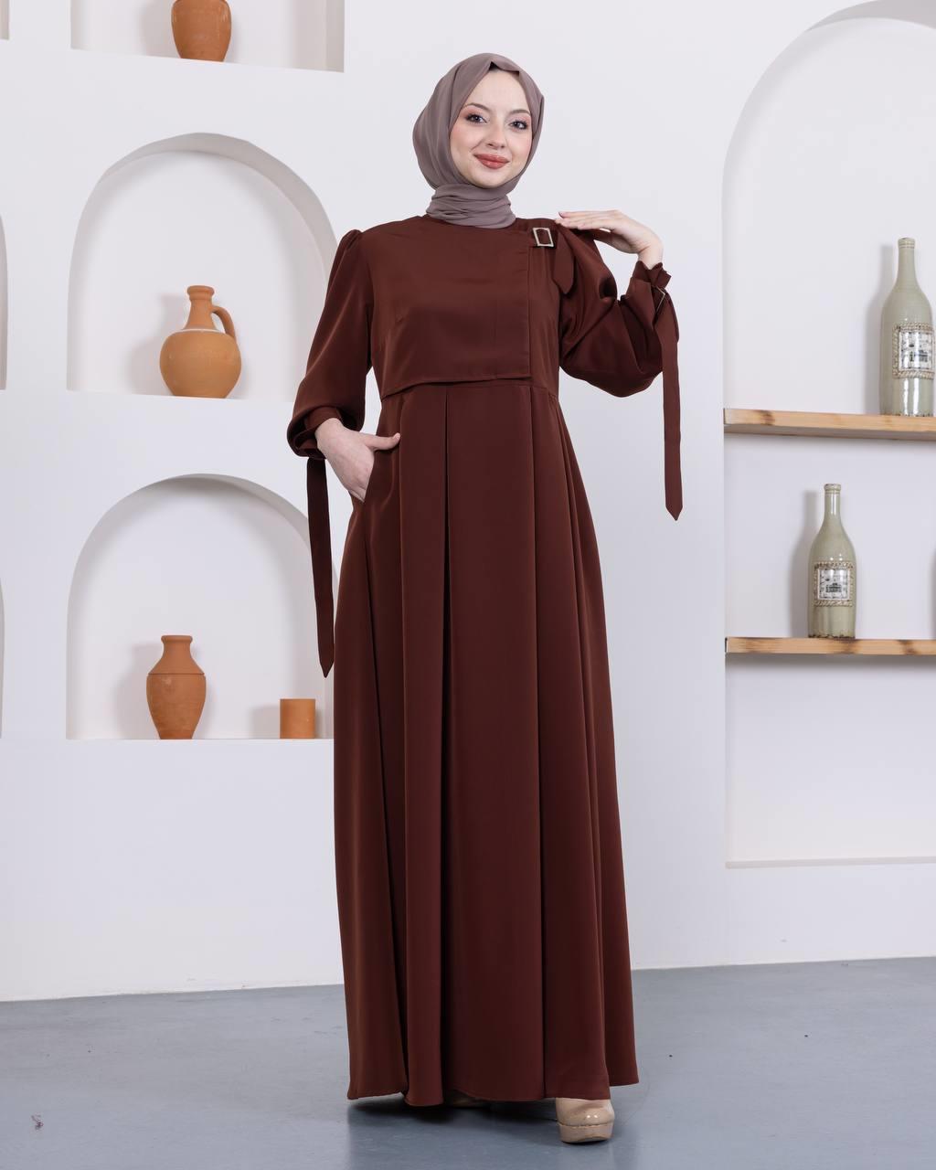 7009 Önü Kuşaklı Elbise - Kahverengi 