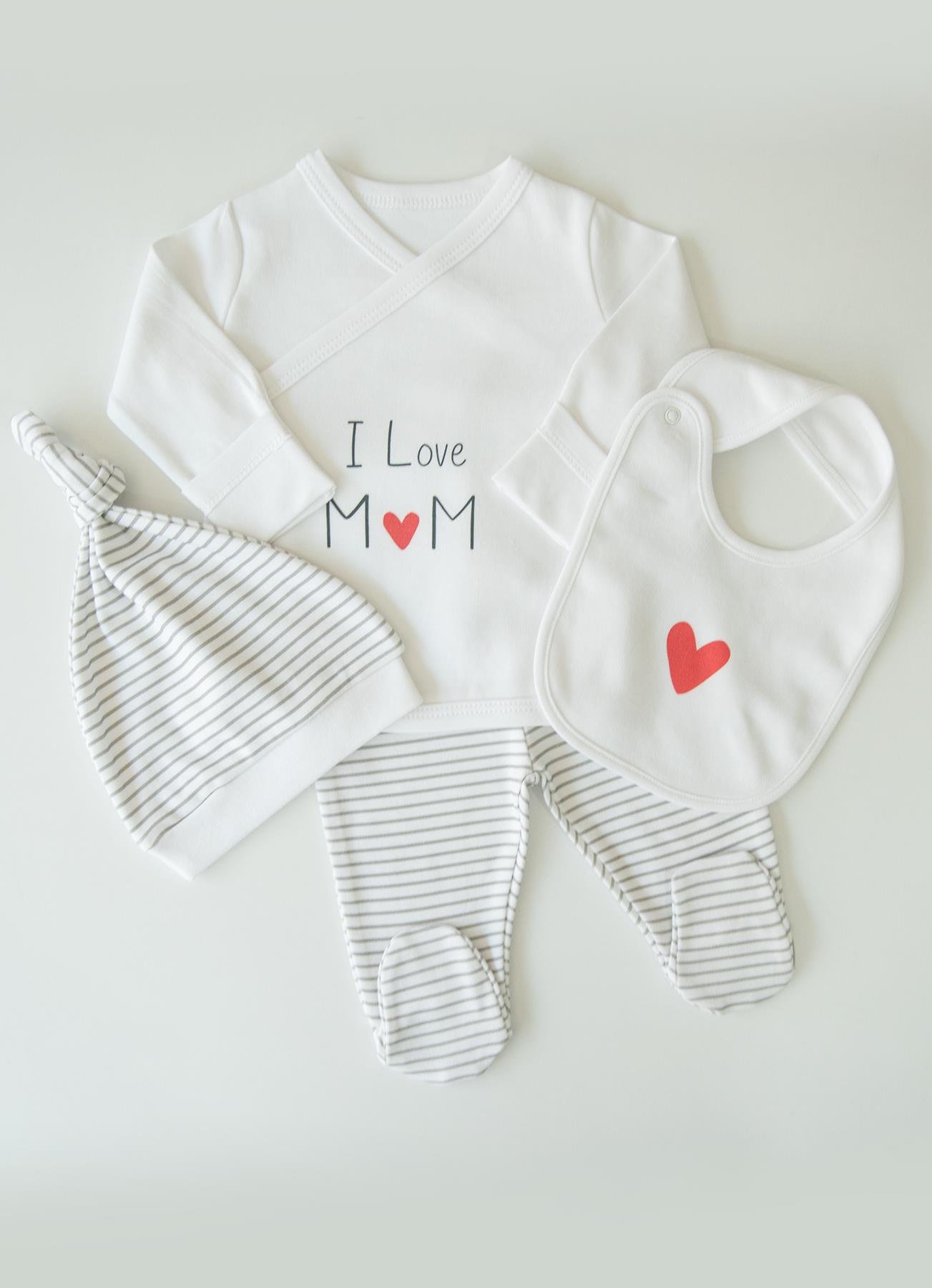 Organik I Love Mom 5'li Zıbın Set Ekru Gri Melanj | kitikate