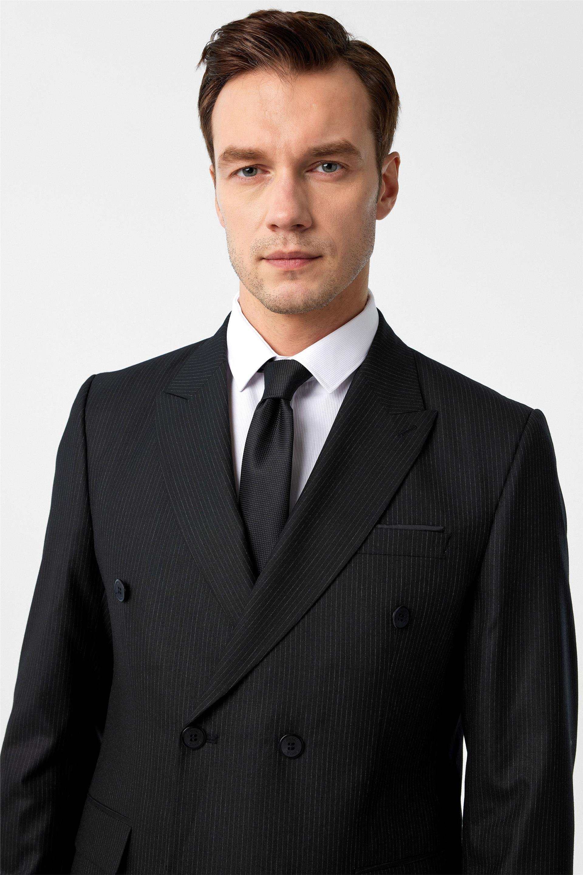 直垂 110cm Siyah Slim Fit Çizgili Sivri Yaka 6 Drop Klasik Takım Elbise