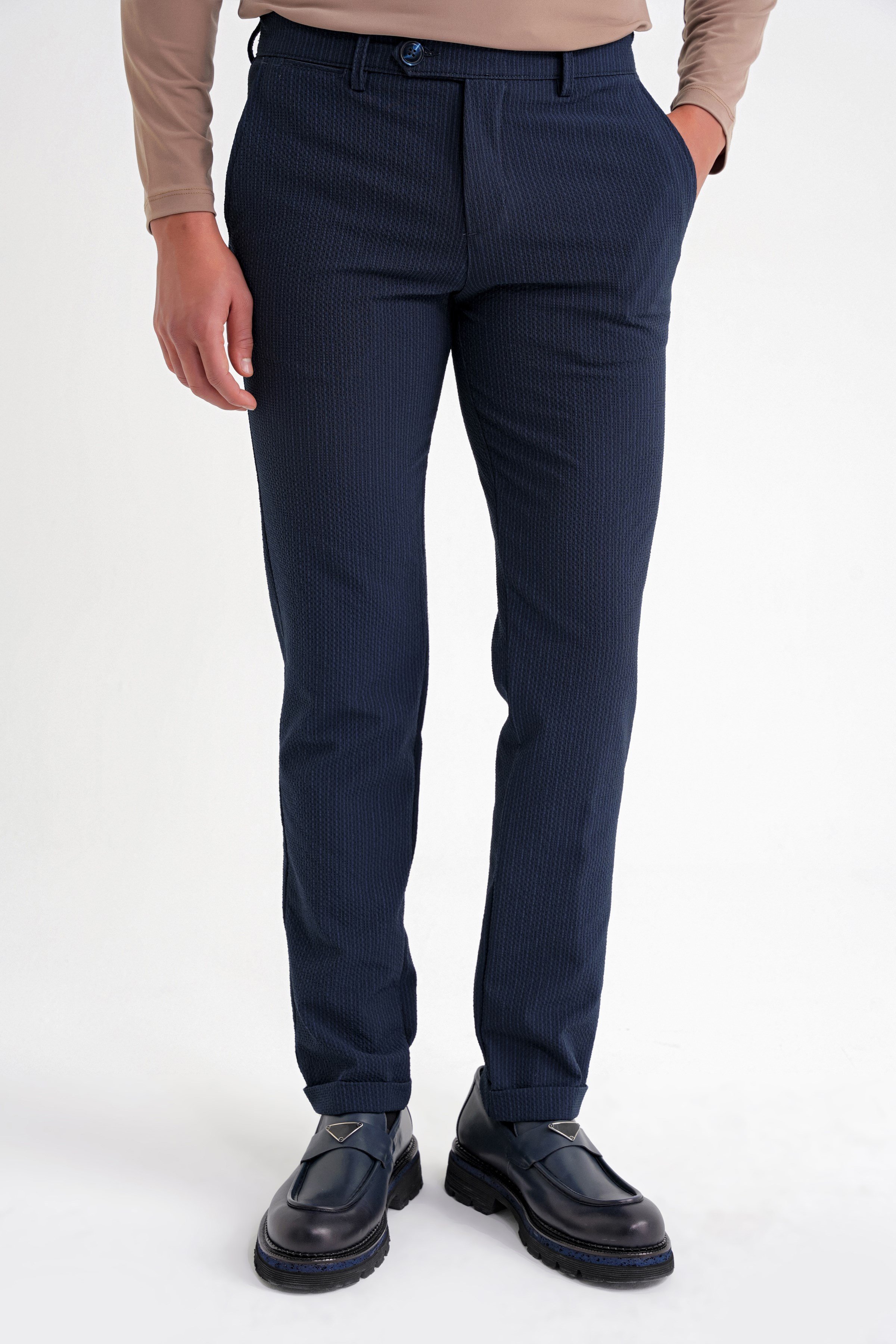 SLDO. 4WAY STRETCH パンツ/DARK NAVY Comfort Fit Rahat Kalıp Gofre Dokulu Beli Lastikli Çizgili Koyu