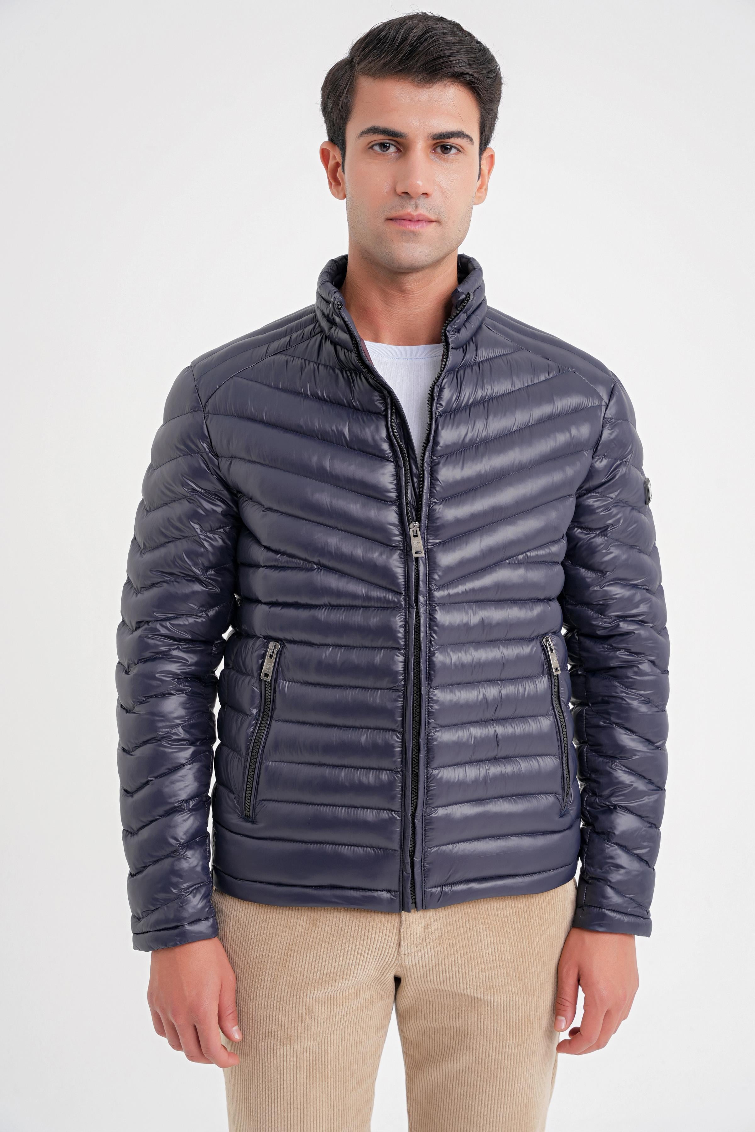 Slim Fit Hakim Yaka Yan Cepli Kaz Tüyü Lacivert Şişme Mont MT 176