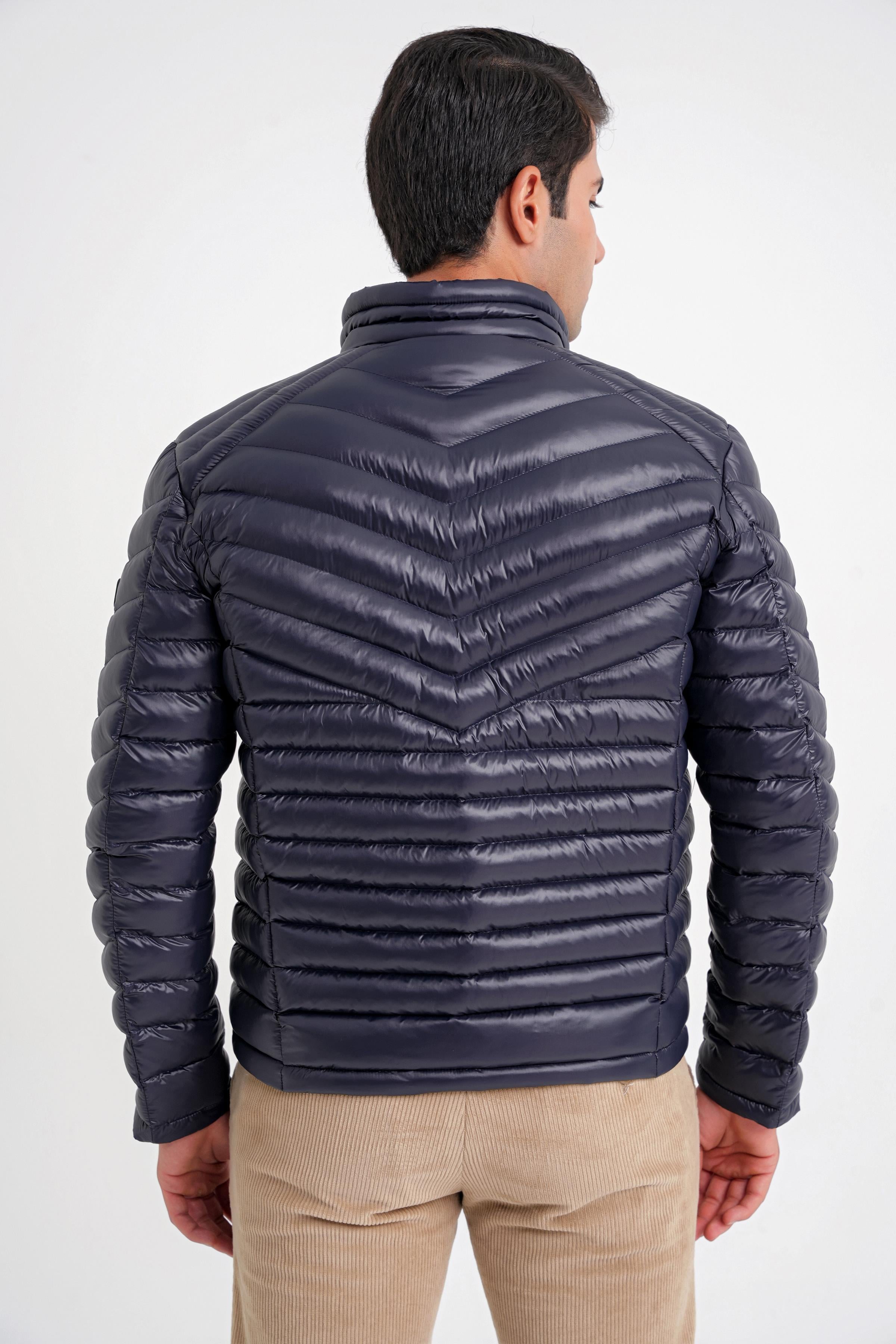 Slim Fit Hakim Yaka Yan Cepli Kaz Tüyü Lacivert Şişme Mont MT 176