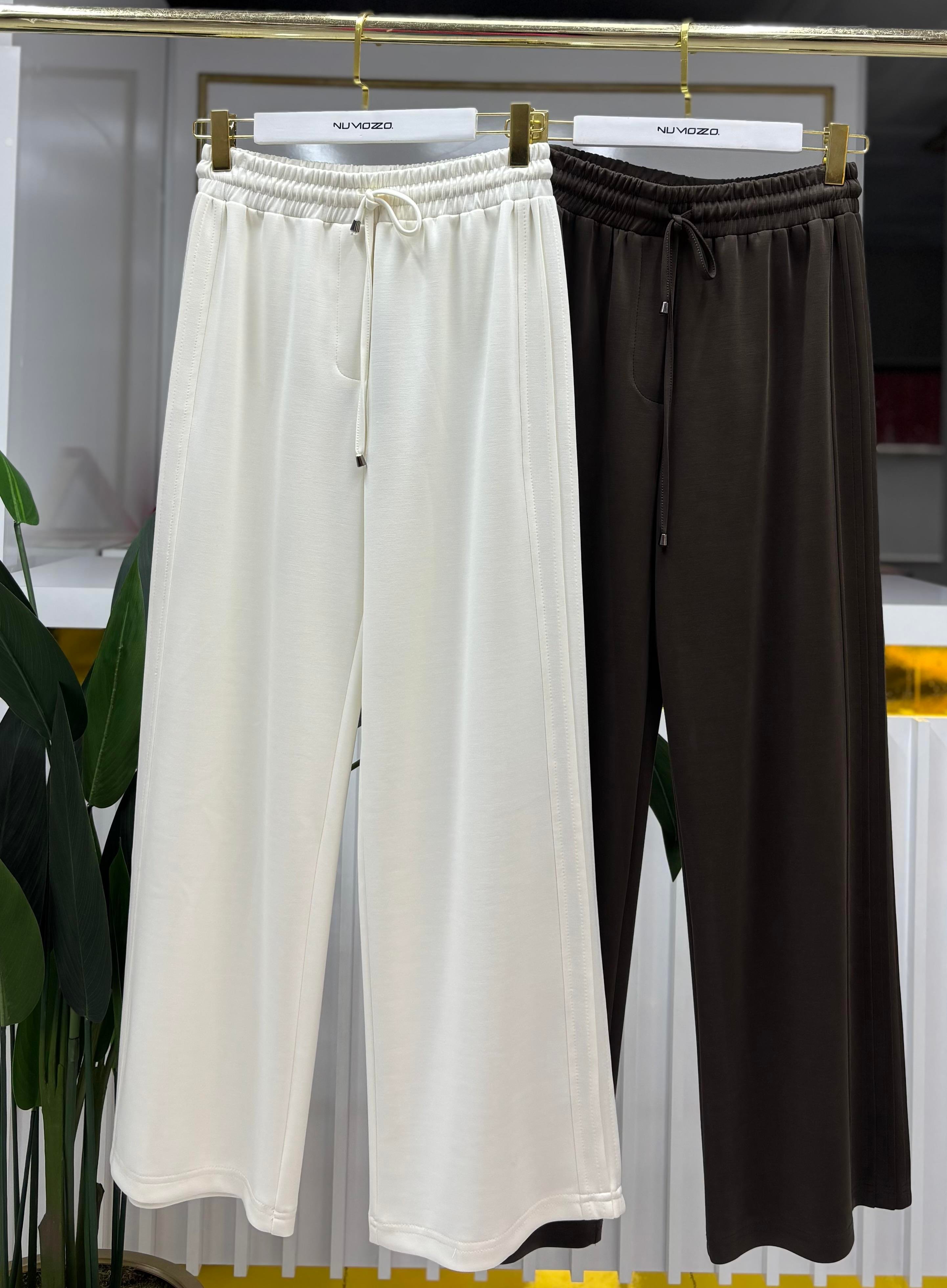 Sentez Berlin Yanı Nervürlü Geniş Paça Bambu Pantolon Ekru