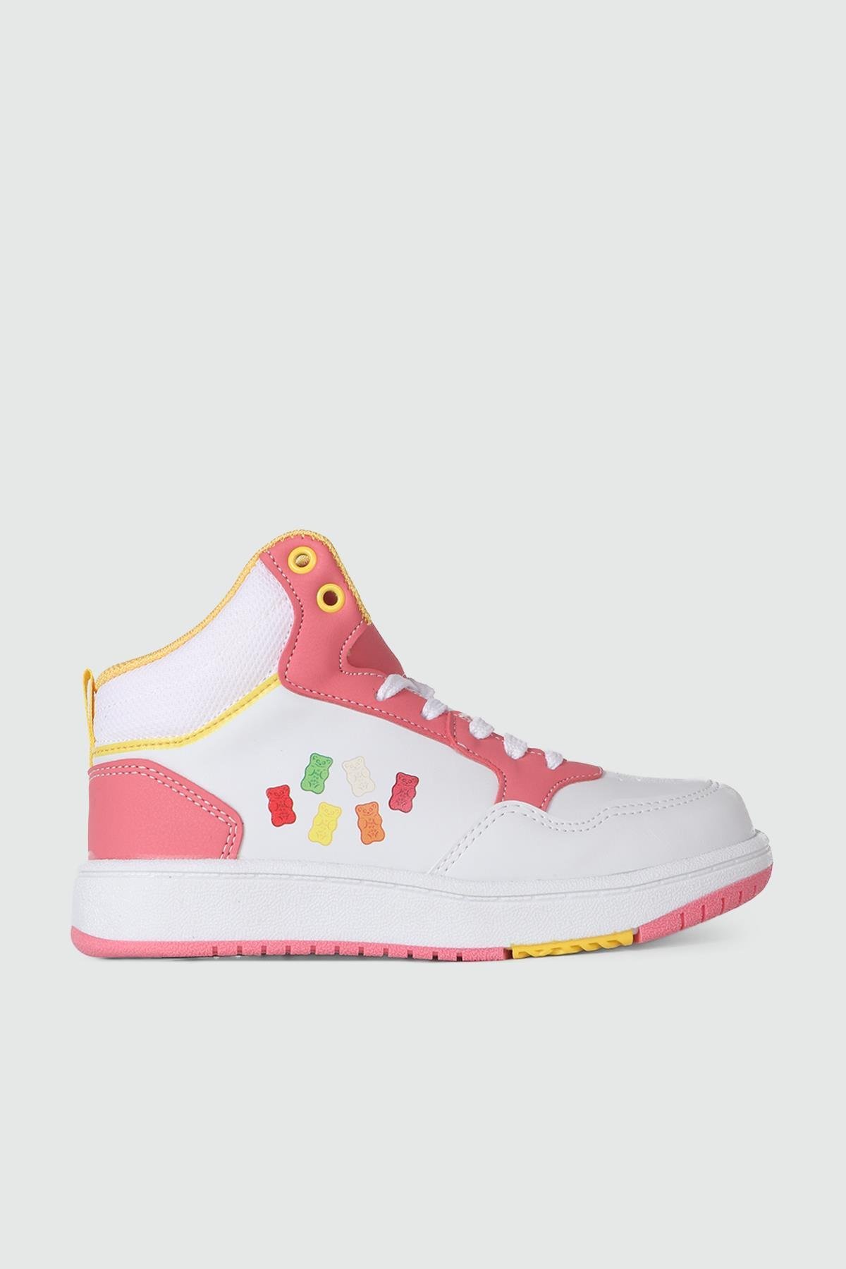 Yüksek Boğazlı Bağcıklı Beyaz Pembe Çocuk Spor Ayakkabı HARİBO 03